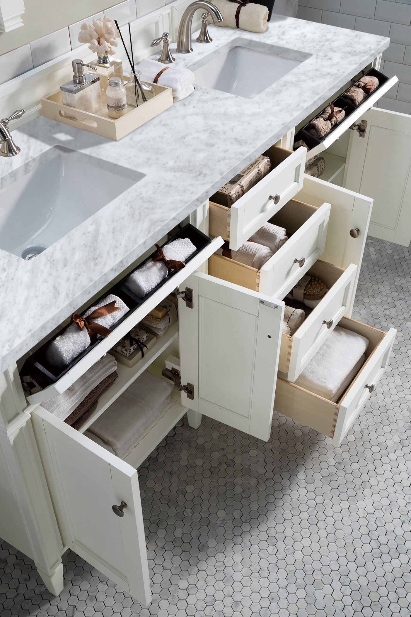 Renovate for Less Atlanta Brittany 72" Double Vanity, Bright White Vanity w/ 3 CM Carrara Marble Top