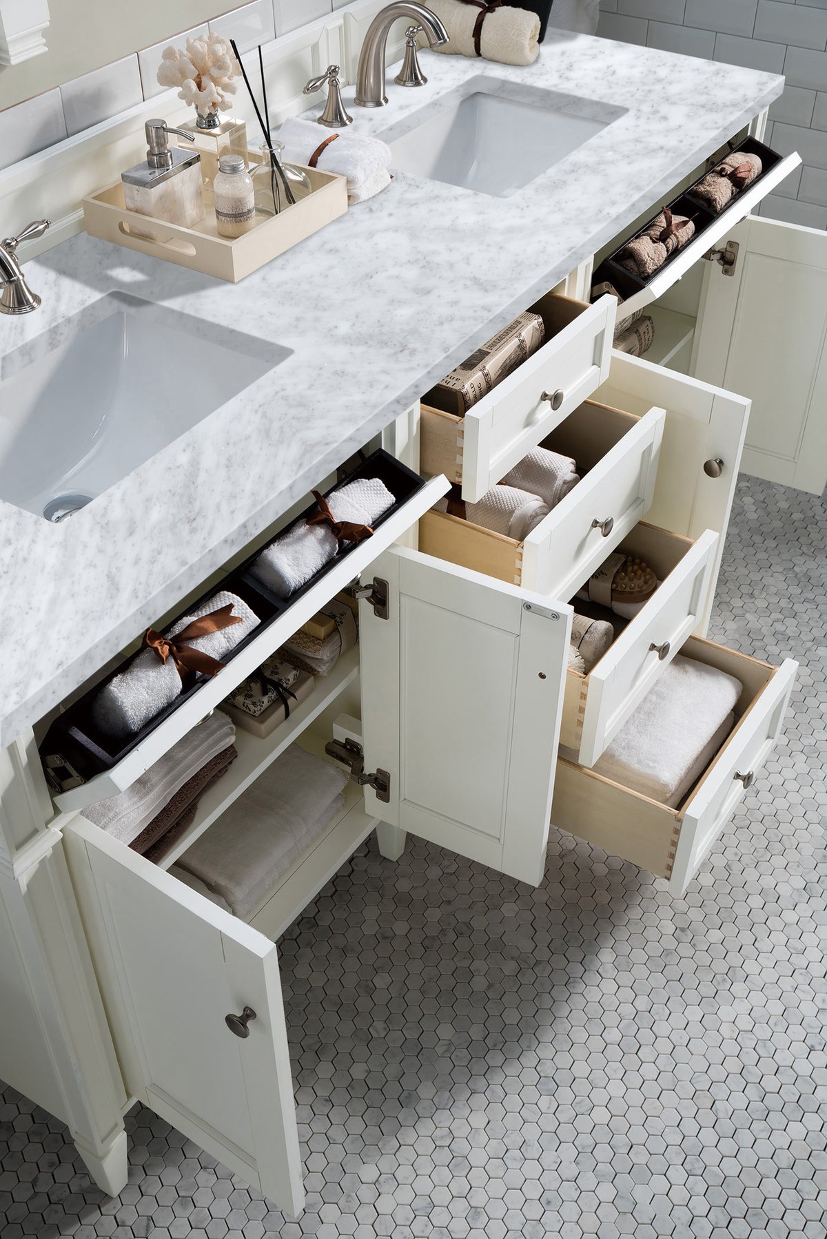 Renovate for Less Atlanta Brittany 72" Double Vanity, Bright White Vanity w/ 3 CM Carrara Marble Top
