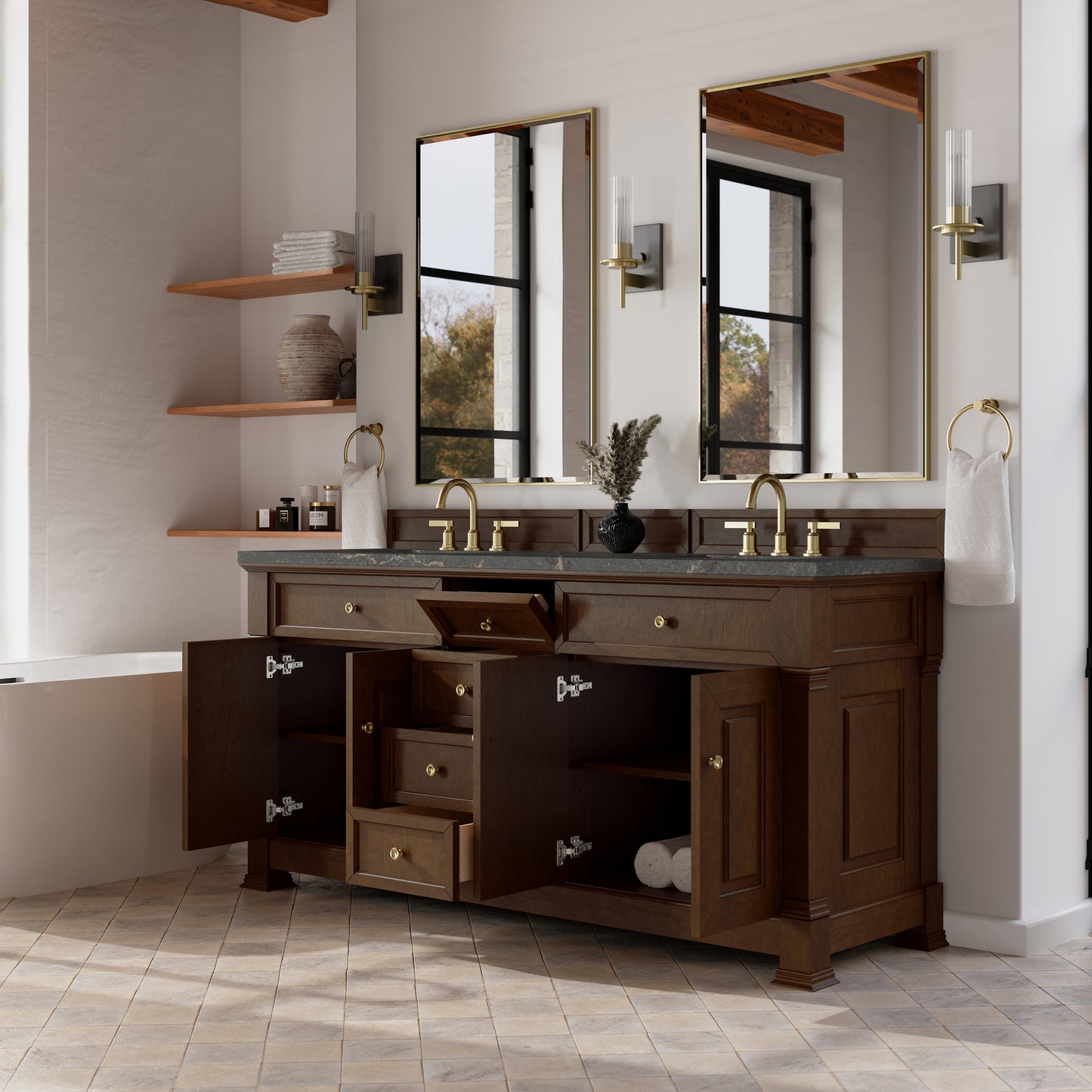 Renovate for Less Atlanta Brookfield 72" Double Vanity, Honey Oak w/ 3 CM Parisien Bleu Silestone Top w/ FreePower Wireless Charger
