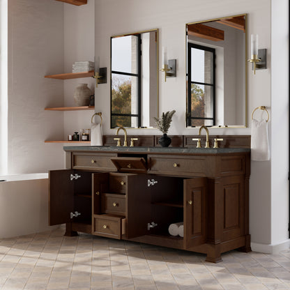 Renovate for Less Atlanta Brookfield 72" Double Vanity, Honey Oak w/ 3 CM Parisien Bleu Silestone Top w/ FreePower Wireless Charger