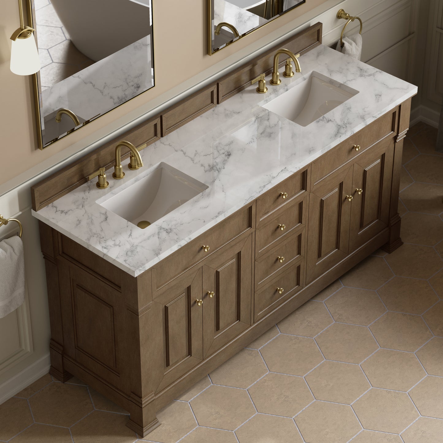 Renovate for Less Atlanta Brookfield 72" Double Vanity, Pecan w/ 3 CM Carrara White Marble Top