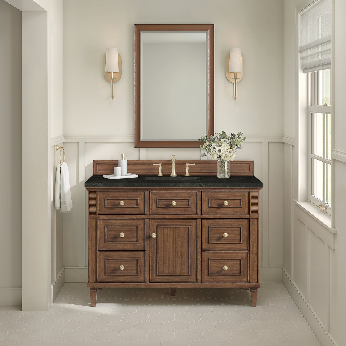 Renovate for Less Atlanta Lorelai 48" Single Vanity, Mid-Century Walnut, w/ 3 CM Phantome Eclos Top