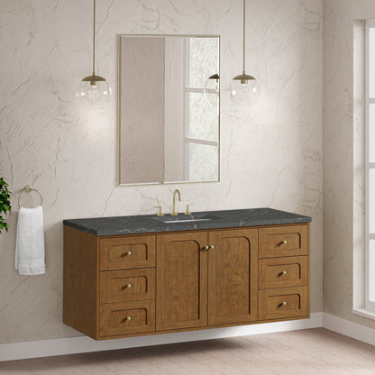 Renovate for Less Atlanta Laurent 60" Single Vanity, Honey Oak w/ 3 CM Parisien Bleu Silestone Top