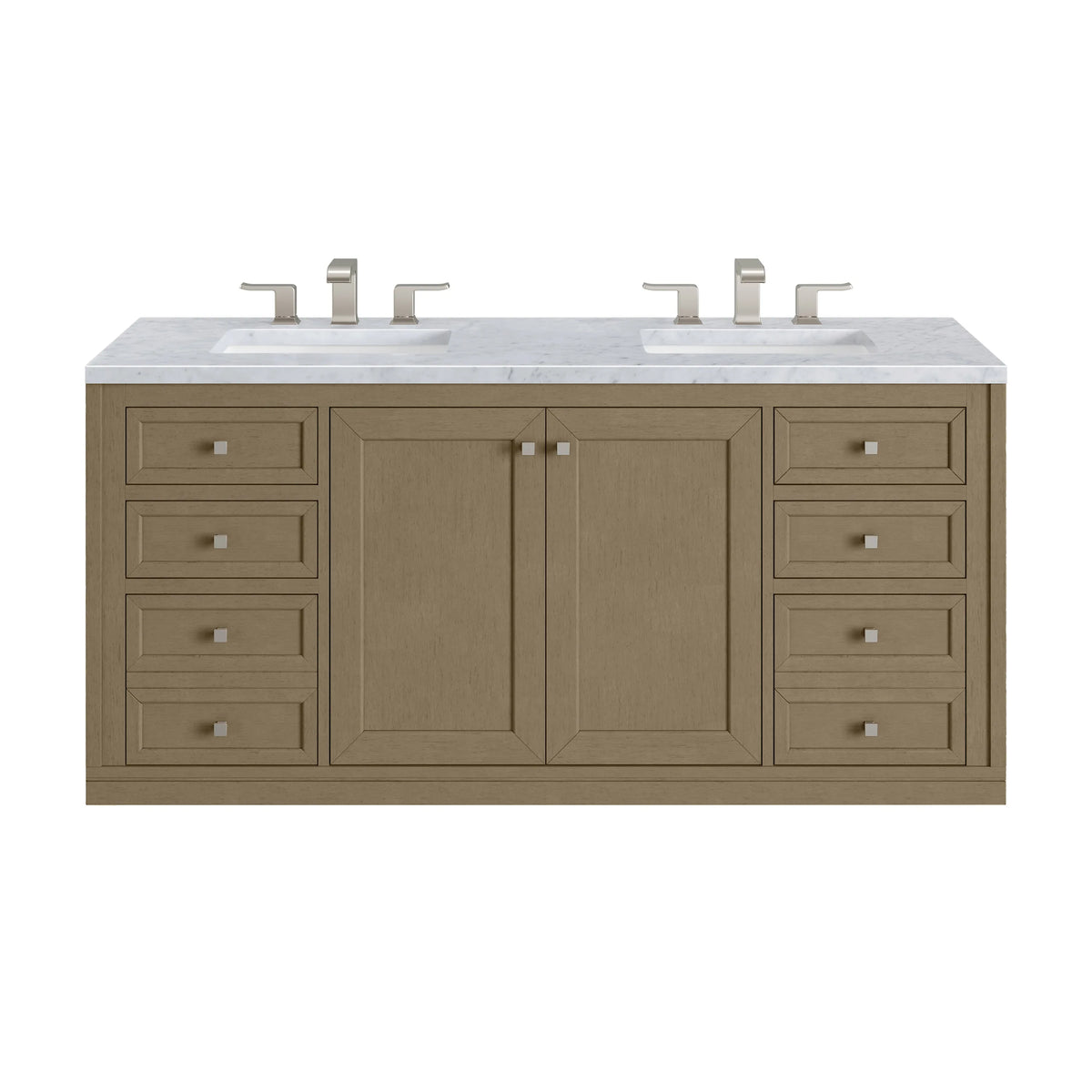 Chicago 60" Double Vanity, Walnut Whisper, w/ 3 CM Carrara Marble Top