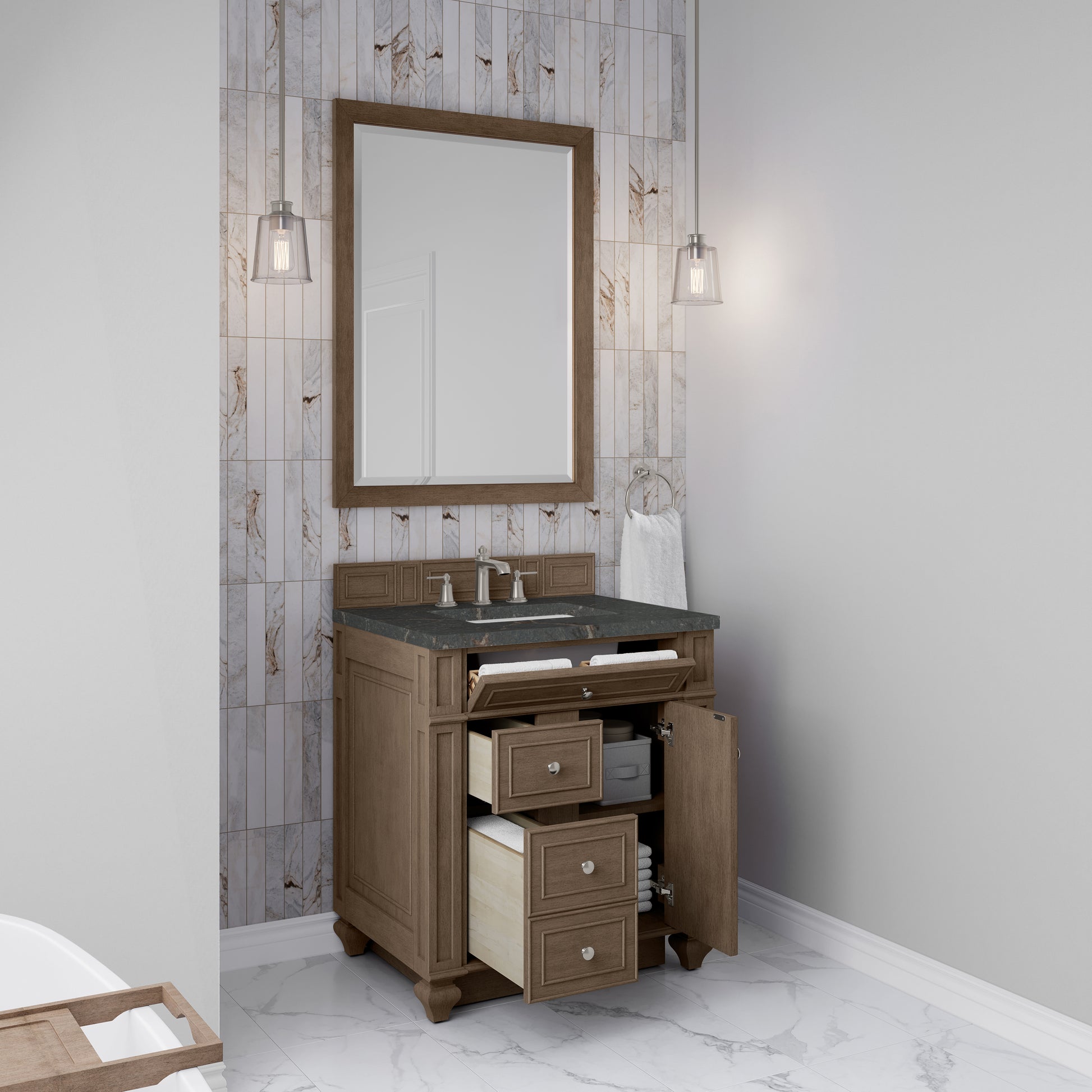 Renovate for Less Atlanta Bristol 30" Single Vanity, Whitewashed Walnut w/ 3 CM Parisien Bleu Silestone Top