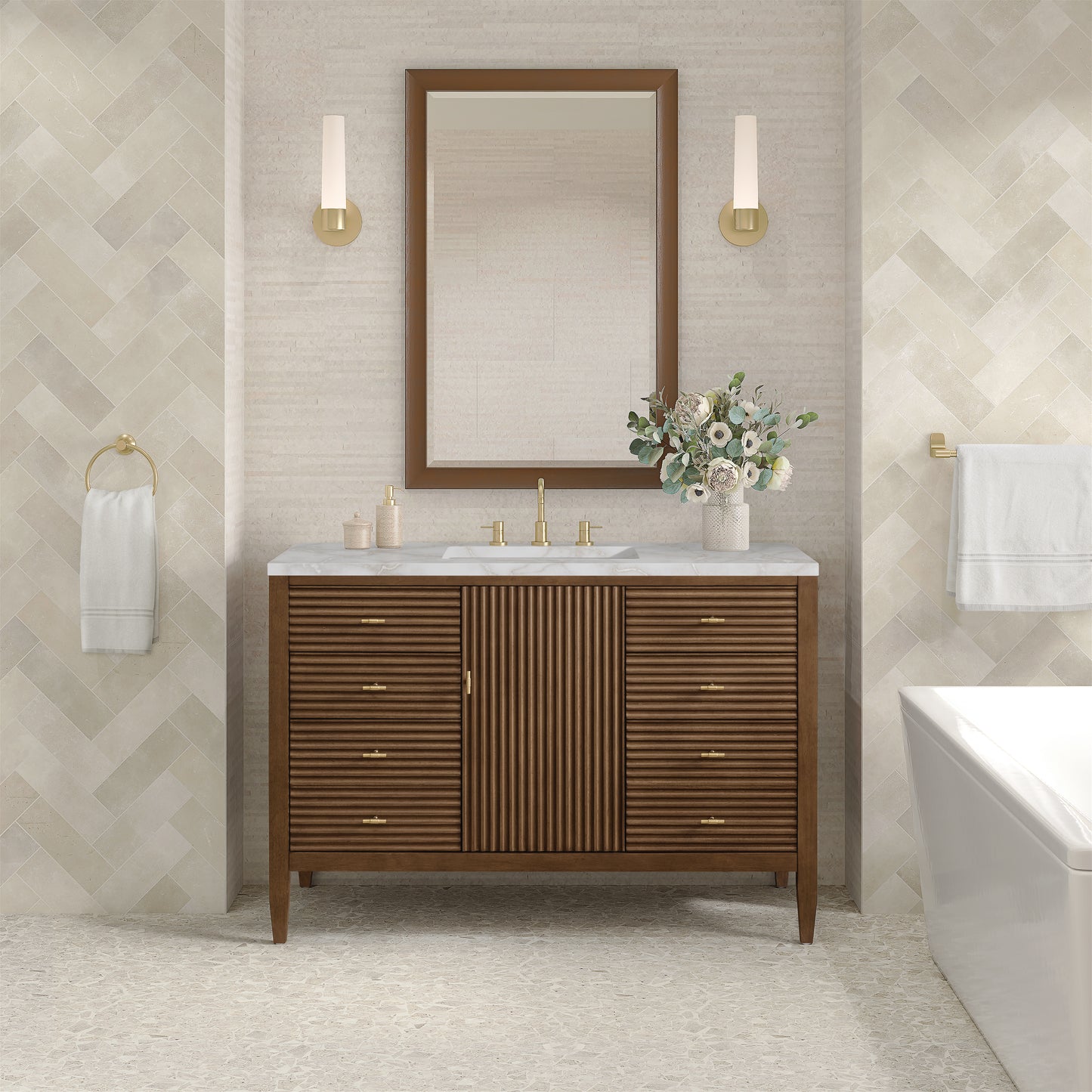 Renovate for Less Atlanta Myrrin 48" Single Vanity, Mid Century Walnut w/ 3 CM Victorian Silver Silestone Top w/FreePower Wireless Charger