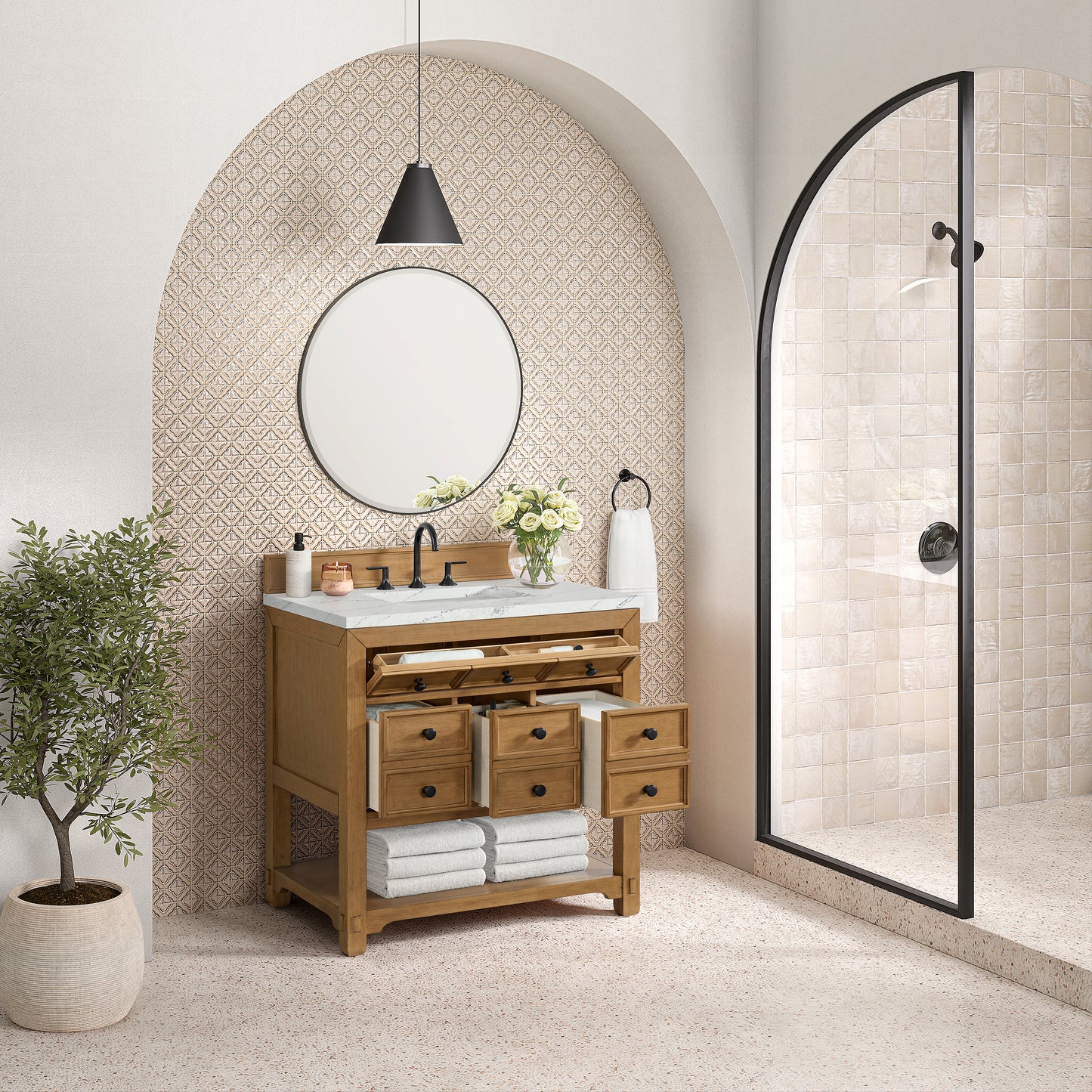 Renovate for Less Atlanta Malibu 36" Single Vanity, Amber Birch w/ 3 CM Ethereal Noctis Top