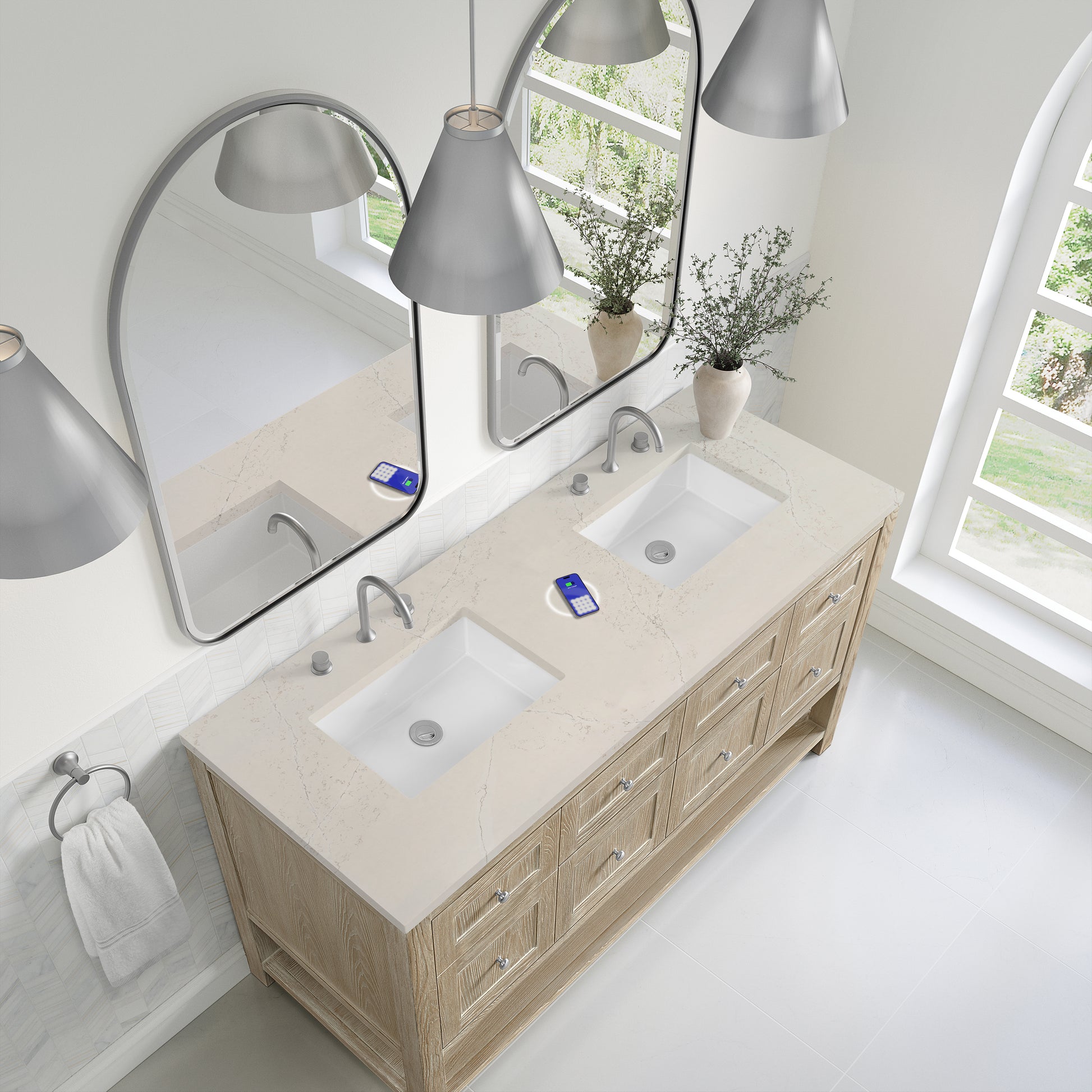Renovate for Less Atlanta Breckenridge 60" Double Vanity, Whitewashed Oak, w/ 3 CM Siberian Silestone Top w/FreePower Wireless Charger