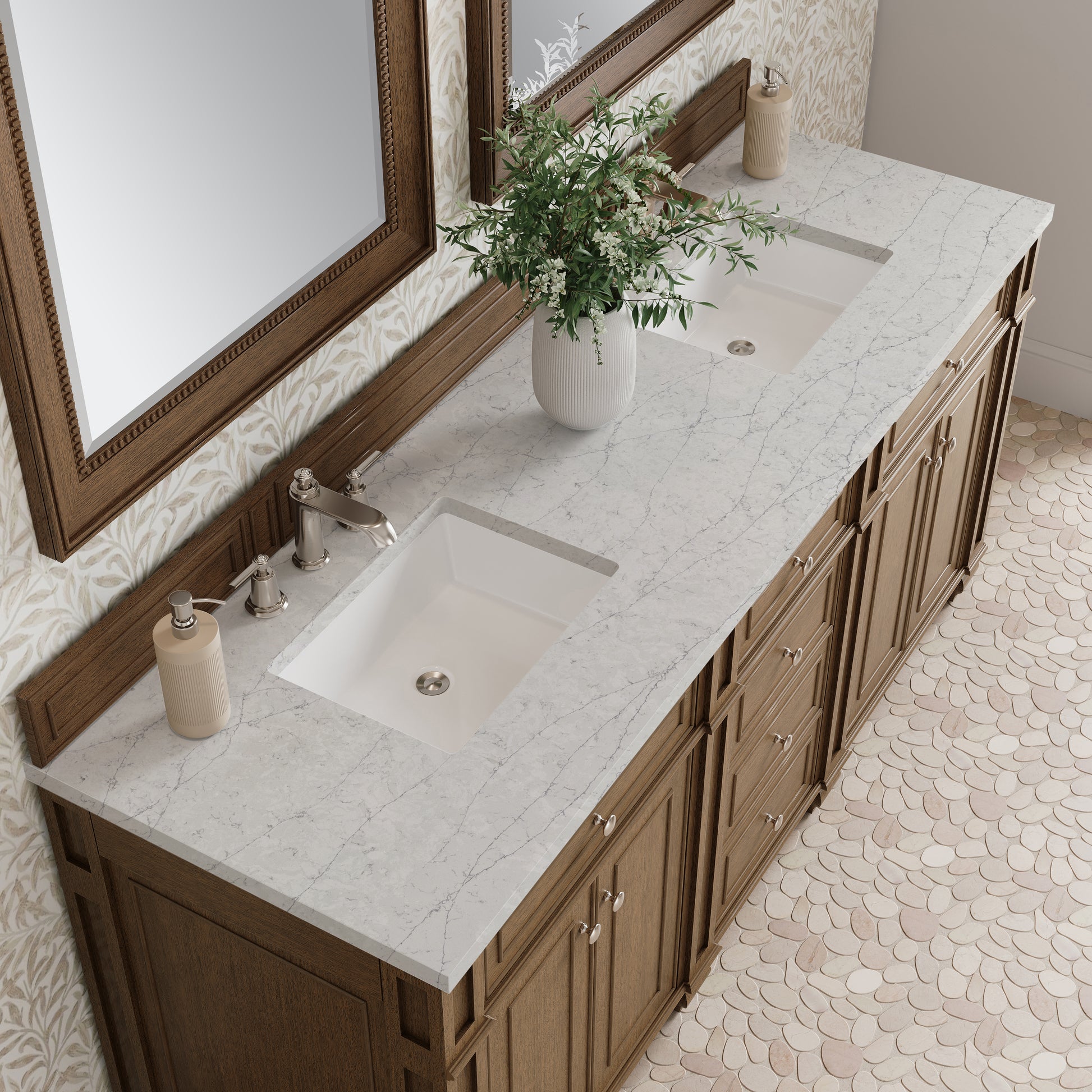 Renovate for Less Atlanta Bristol 72" Double Vanity, Saddle Brown w/ 3 CM Eternal Jasmine Pearl Silestone Top