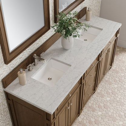 Renovate for Less Atlanta Bristol 72" Double Vanity, Saddle Brown w/ 3 CM Eternal Jasmine Pearl Silestone Top