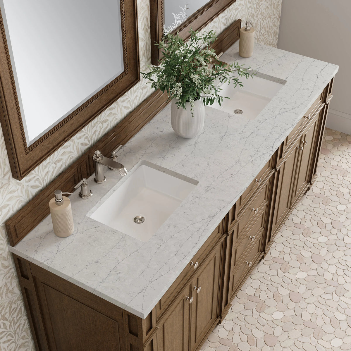 Bristol 72" Double Vanity, Saddle Brown w/ 3 CM Eternal Jasmine Pearl Silestone Top