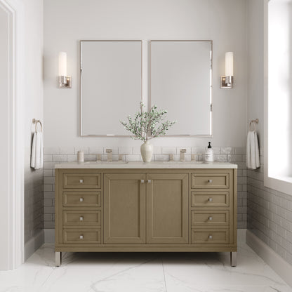 Renovate for Less Atlanta Chicago 60" Double Vanity, Walnut Whisper, w/ 3 CM Siberian Silestone Top w/FreePower Wireless Charger