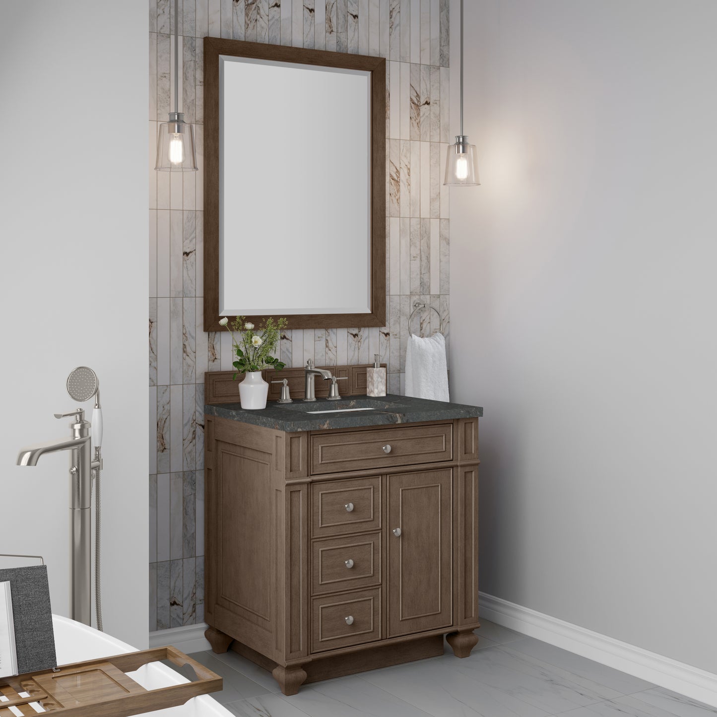 Renovate for Less Atlanta Bristol 30" Single Vanity, Whitewashed Walnut w/ 3 CM Parisien Bleu Silestone Top