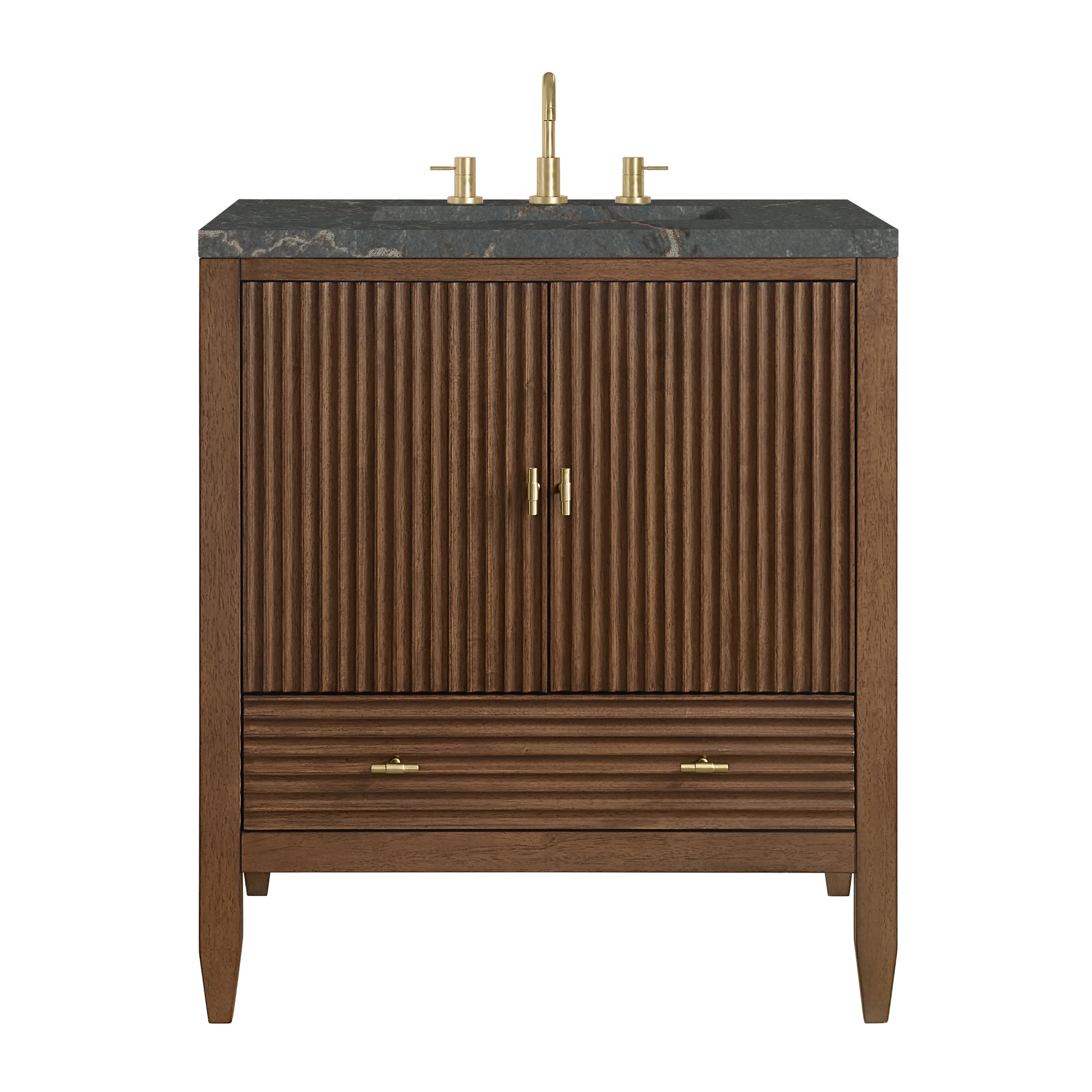 Renovate for Less Atlanta Myrrin 30" Single Vanity, Mid-Century Walnut w/ 3 CM Parisien Bleu Silestone Top