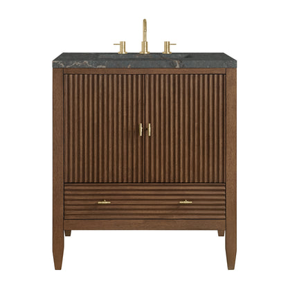 Renovate for Less Atlanta Myrrin 30" Single Vanity, Mid-Century Walnut w/ 3 CM Parisien Bleu Silestone Top