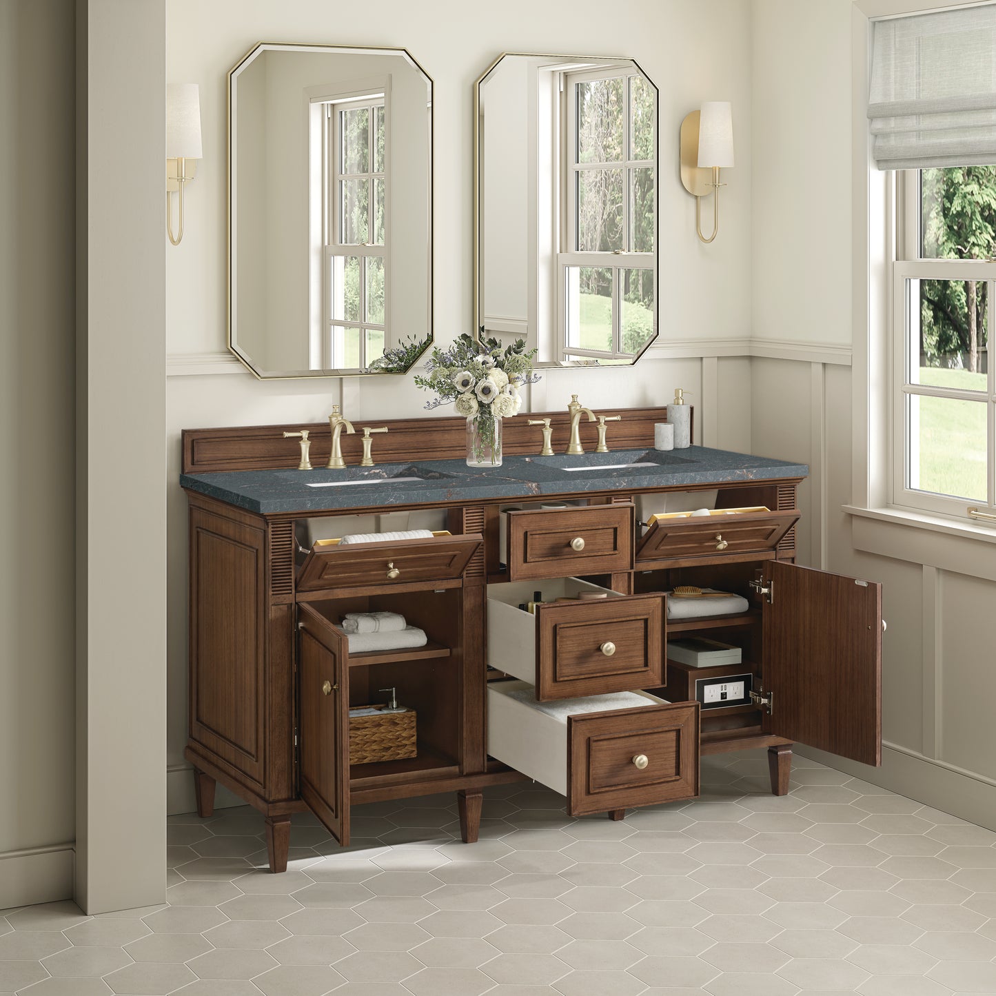 Renovate for Less Atlanta Lorelai 60" Double Vanity, Mid-Century Walnut w/ 3 CM Parisien Bleu Silestone Top w/FreePower Wireless Charger