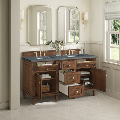Renovate for Less Atlanta Lorelai 60" Double Vanity, Mid-Century Walnut w/ 3 CM Parisien Bleu Silestone Top w/FreePower Wireless Charger