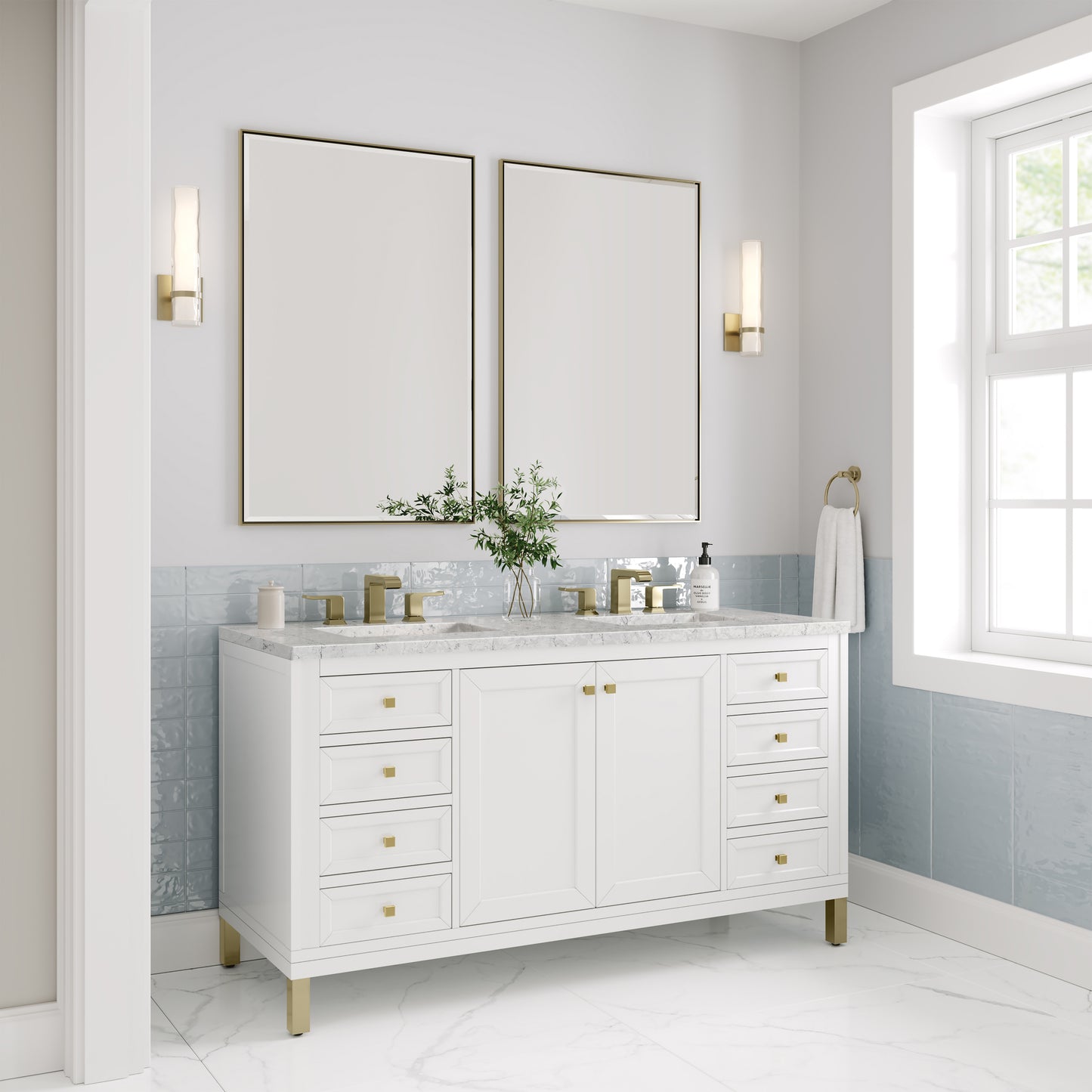 Renovate for Less Atlanta Chicago 60" Double Vanity, Glossy White, w/ 3 CM Eternal Jasmine Pearl Silestone® Top w/FreePower Wireless Charger