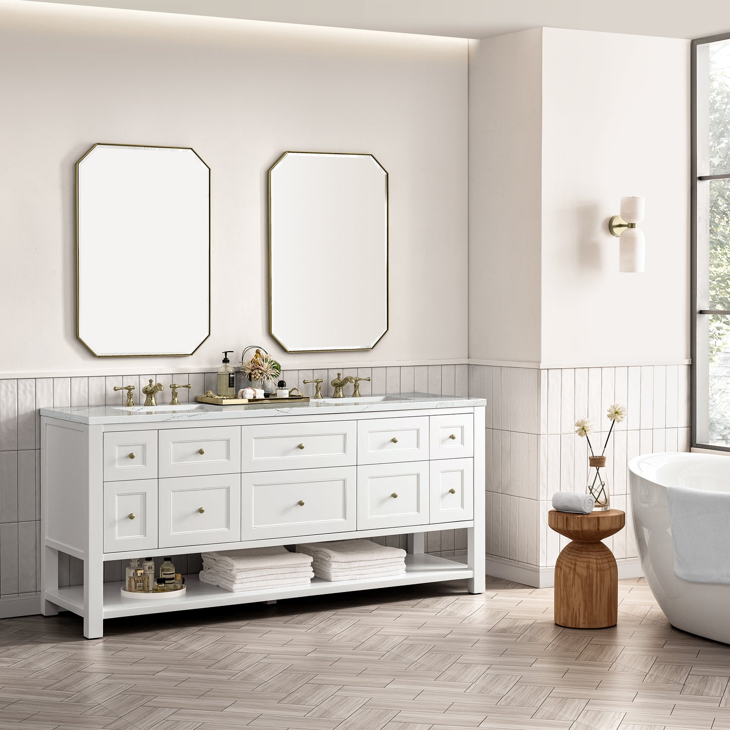 Renovate for Less Atlanta Breckenridge 72" Double Vanity, Bright White w/ 3 CM Ethereal Noctis Top