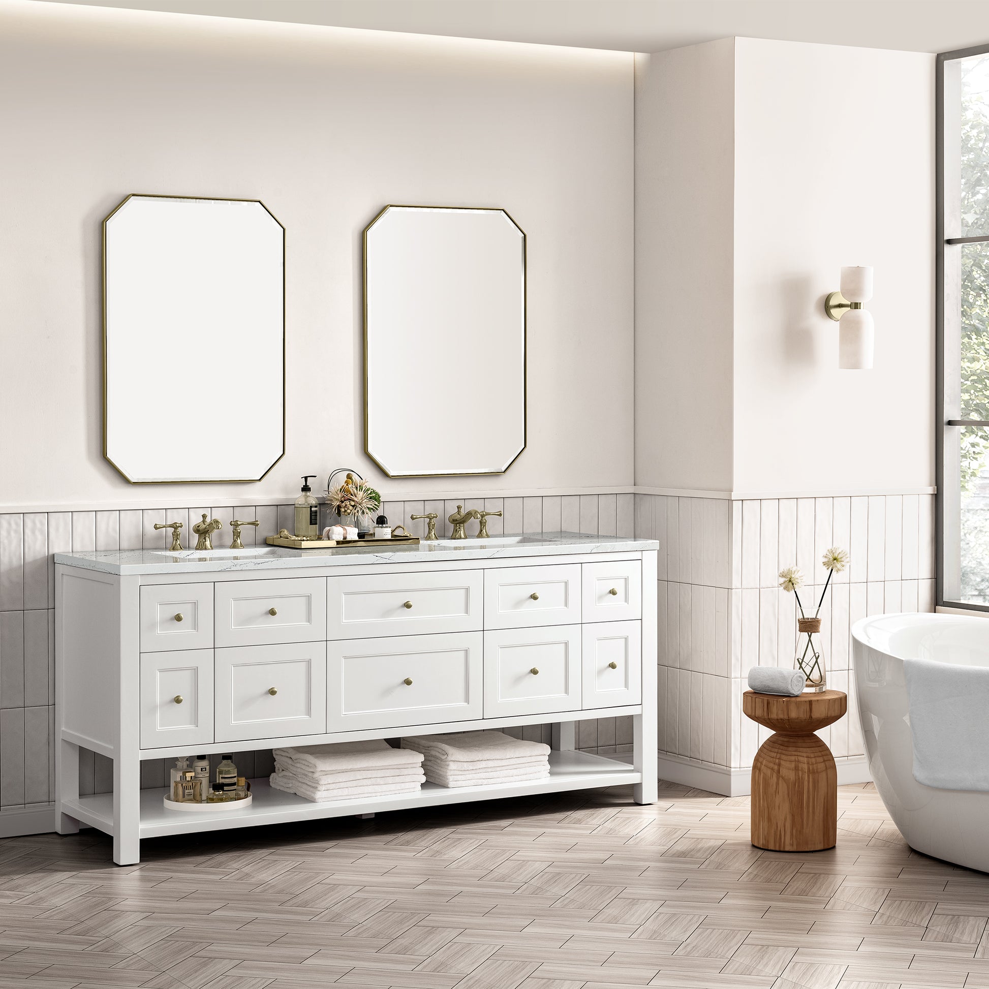 Renovate for Less Atlanta Breckenridge 72" Double Vanity, Bright White w/ 3 CM Ethereal Noctis Top