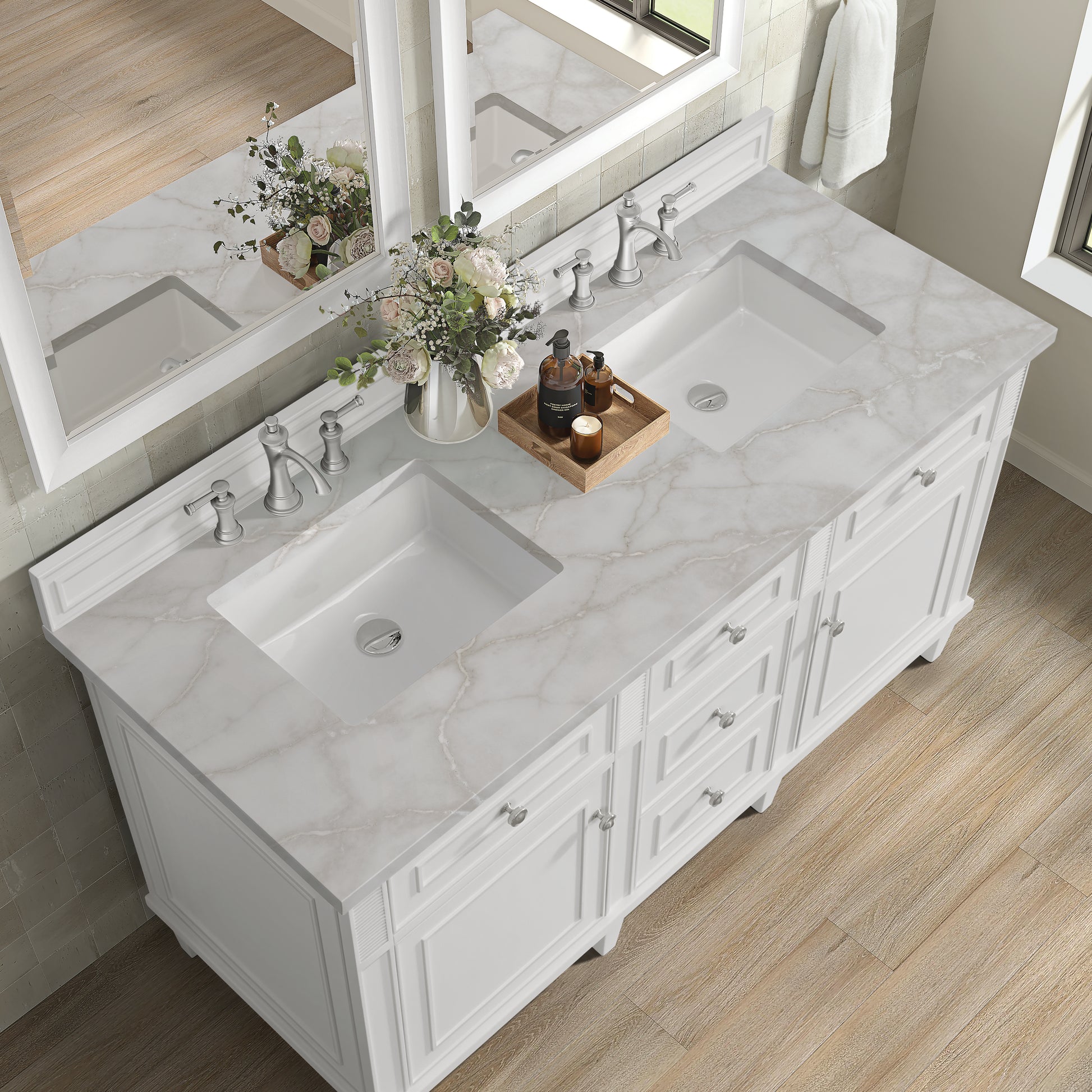 Renovate for Less Atlanta Lorelai 60" Double Vanity, Bright White w/ 3 CM Victorian Silver Silestone Top