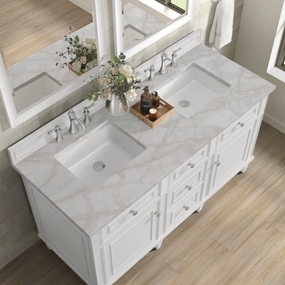 Renovate for Less Atlanta Lorelai 60" Double Vanity, Bright White w/ 3 CM Victorian Silver Silestone Top