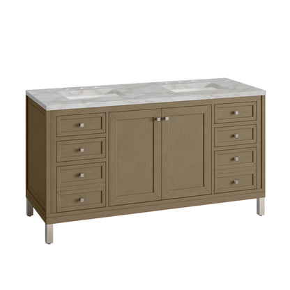 Renovate for Less Atlanta Chicago 60" Double Vanity, Walnut Whisper, w/ 3 CM Victorian Silver Silestone® Top