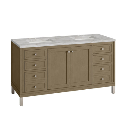 Chicago 60" Double Vanity, Walnut Whisper, w/ 3 CM Victorian Silver Silestone® Top w/FreePower Wireless Charger