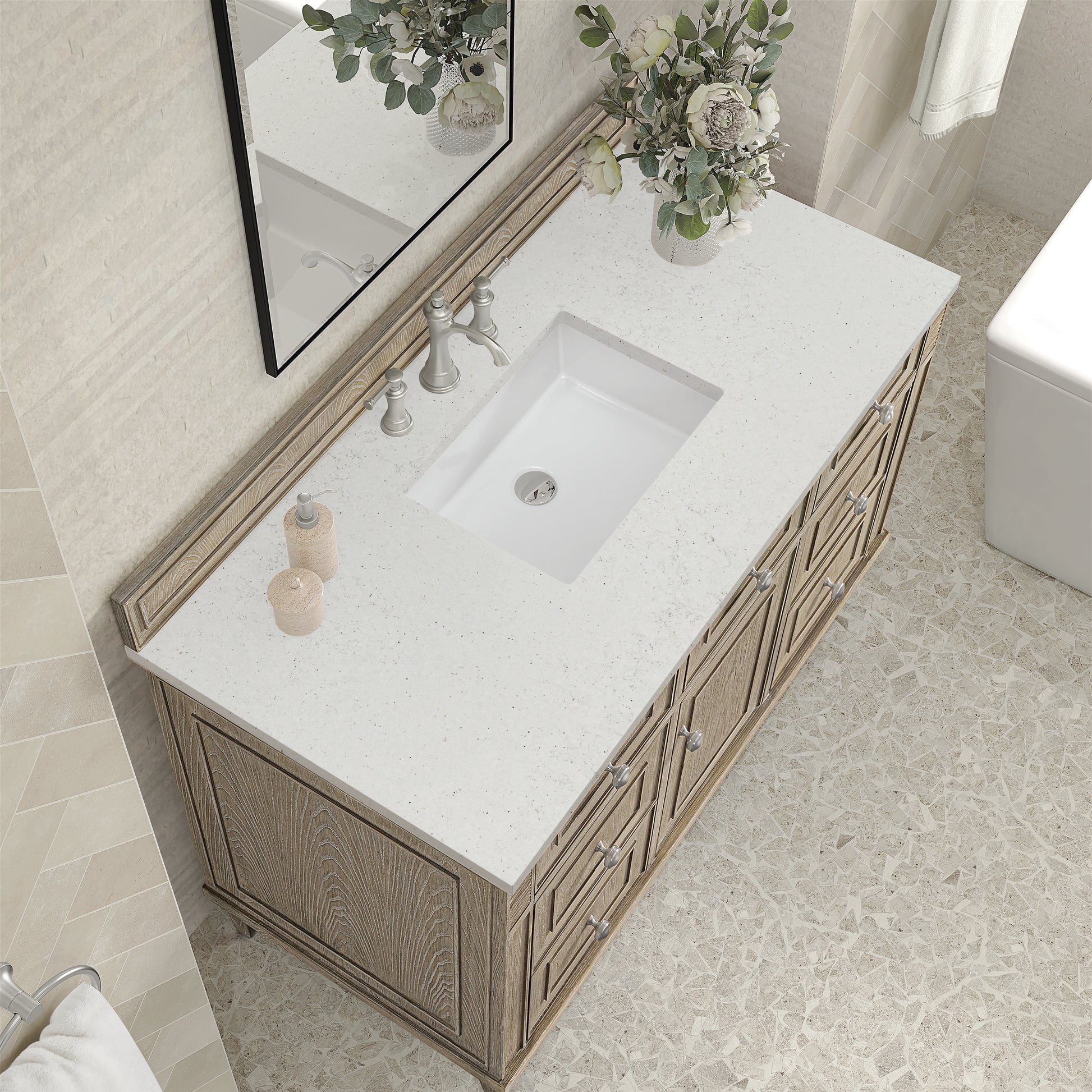 Renovate for Less Atlanta Lorelai 48" Single Vanity, Whitewashed Oak w/ 3 CM Lime Delight Silestone Top
