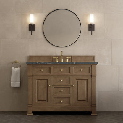 Renovate for Less Atlanta Brookfield 48" Single Vanity, Pecan w/ 3 CM Parisien Bleu Silestone Top w/ FreePower Wireless Charger