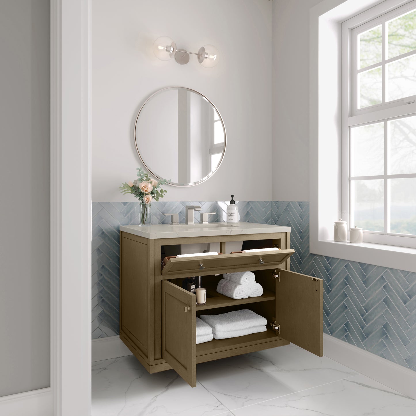 Renovate for Less Atlanta Chicago 36" Single Vanity, Walnut Whisper, w/ 3 CM Siberian Silestone Top