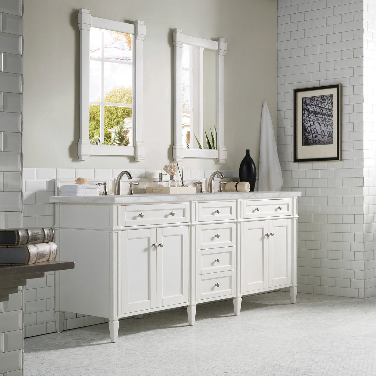 Renovate for Less Atlanta Brittany 72" Double Vanity, Bright White Vanity w/ 3 CM Victorian Silver Silestone Top w/FreePower Wireless Charger