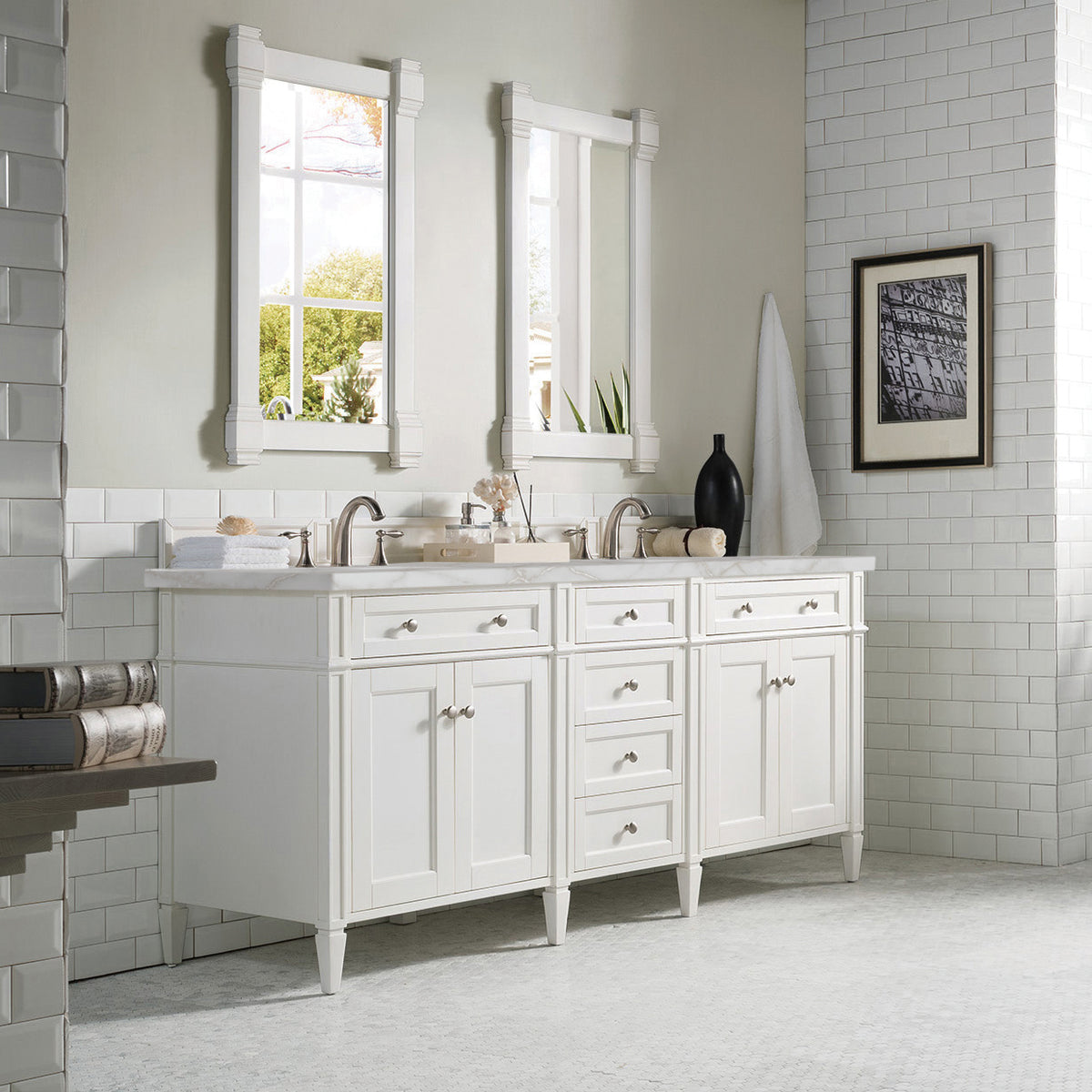 Renovate for Less Atlanta Brittany 72" Double Vanity, Bright White Vanity w/ 3 CM Victorian Silver Silestone Top w/FreePower Wireless Charger