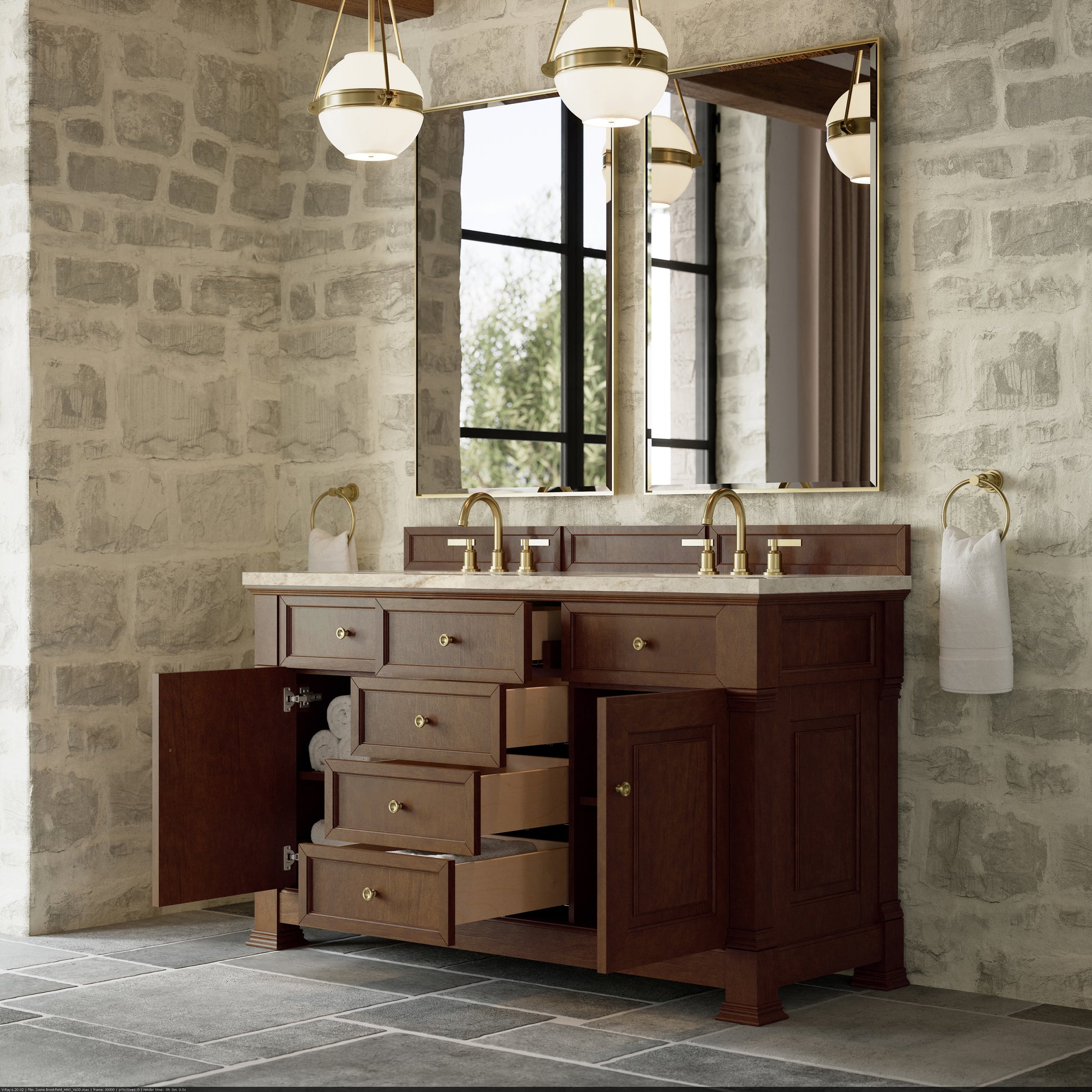 Renovate for Less Atlanta Brookfield 60" Double Vanity, Honey Oak, w/ 3 CM Tajnar Eclos Top w/FreePower Wireless Charger