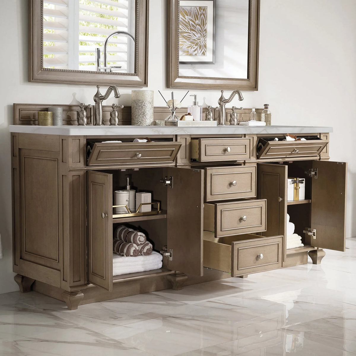 Bristol 72" Double Vanity, Whitewashed Walnut w/ 3 CM Victorian Silver Silestone Top w/FreePower Wireless Charger
