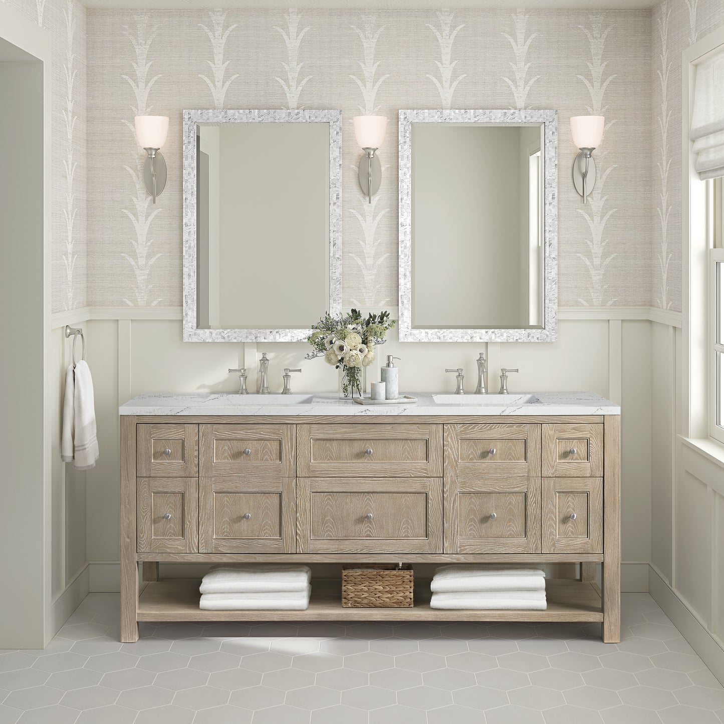 Renovate for Less Atlanta Breckenridge 72" Double Vanity, Whitewashed Oak w/ 3 CM Ethereal Noctis Silestone Top w/FreePower Wireless Charger