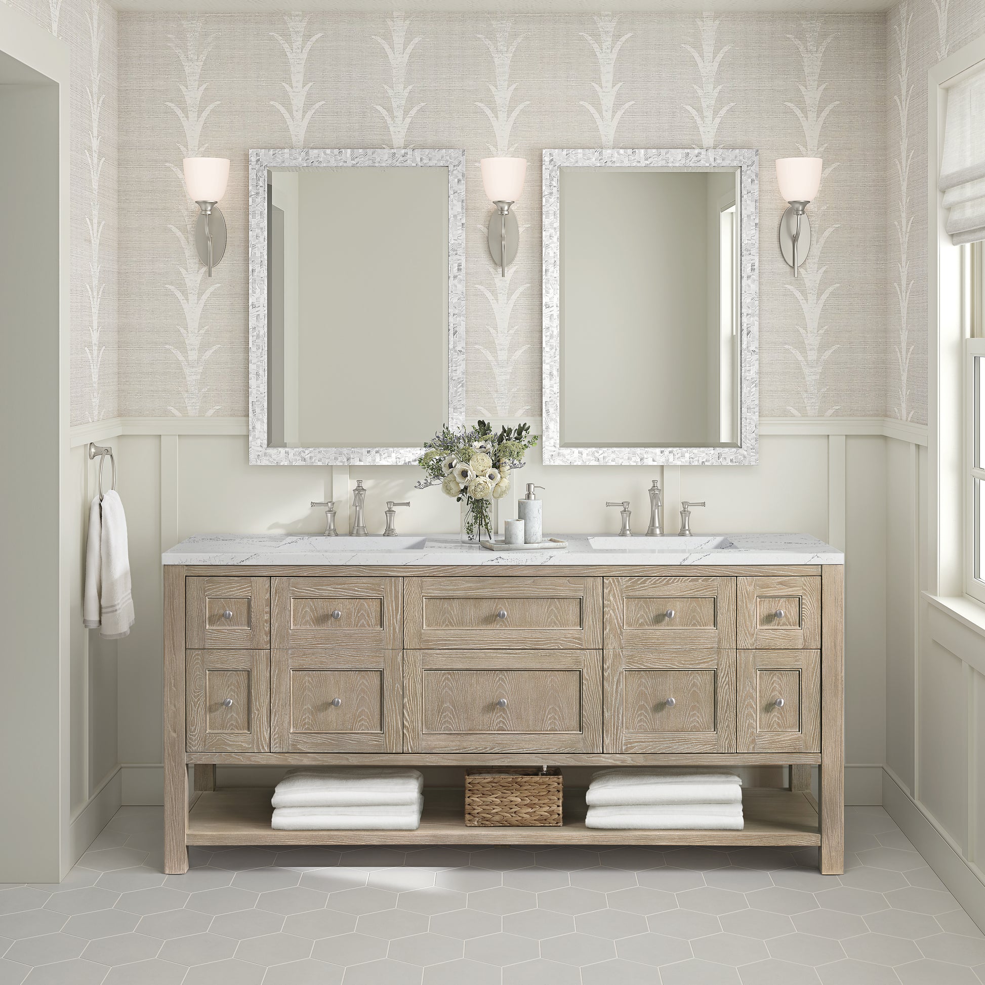 Renovate for Less Atlanta Breckenridge 72" Double Vanity, Whitewashed Oak w/ 3 CM Ethereal Noctis Silestone Top w/FreePower Wireless Charger