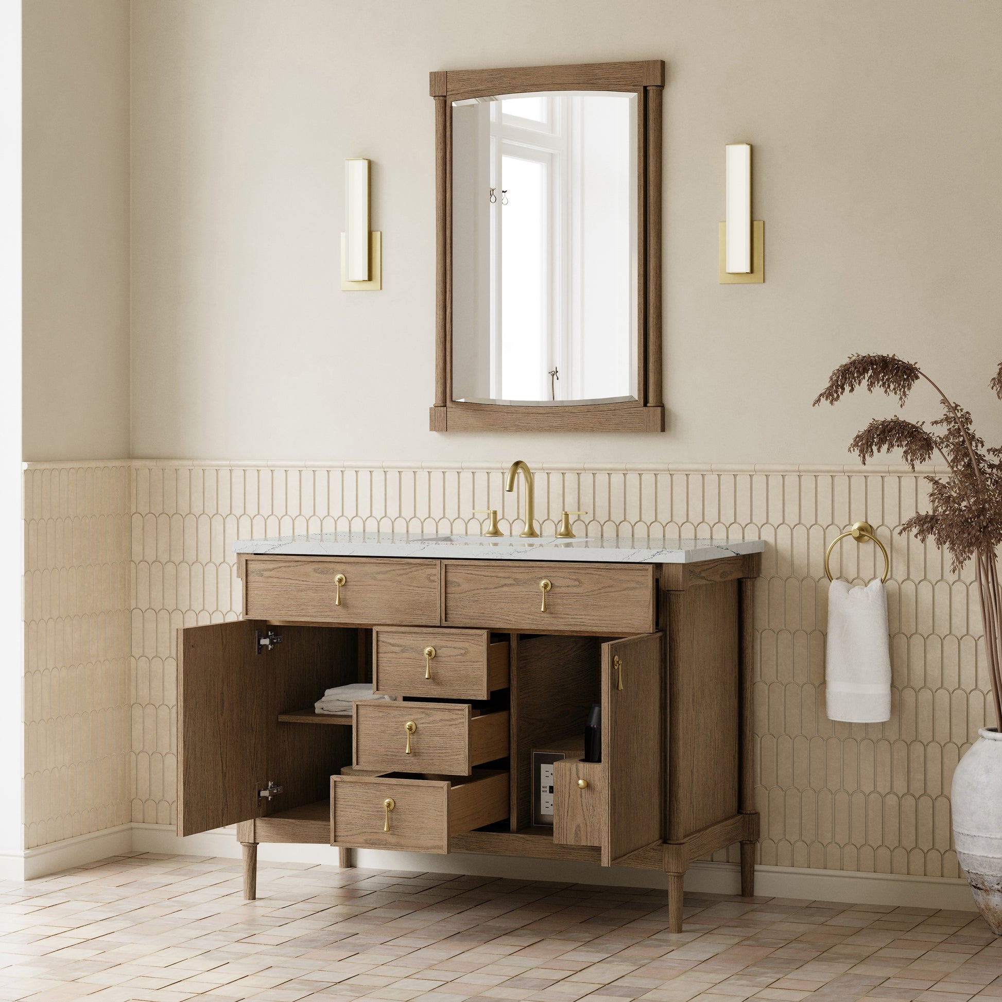 Renovate for Less Atlanta Kinnsden 48" Single Vanity, Weathered Oak w/ 3 CM Ethereal Noctis Silestone Top