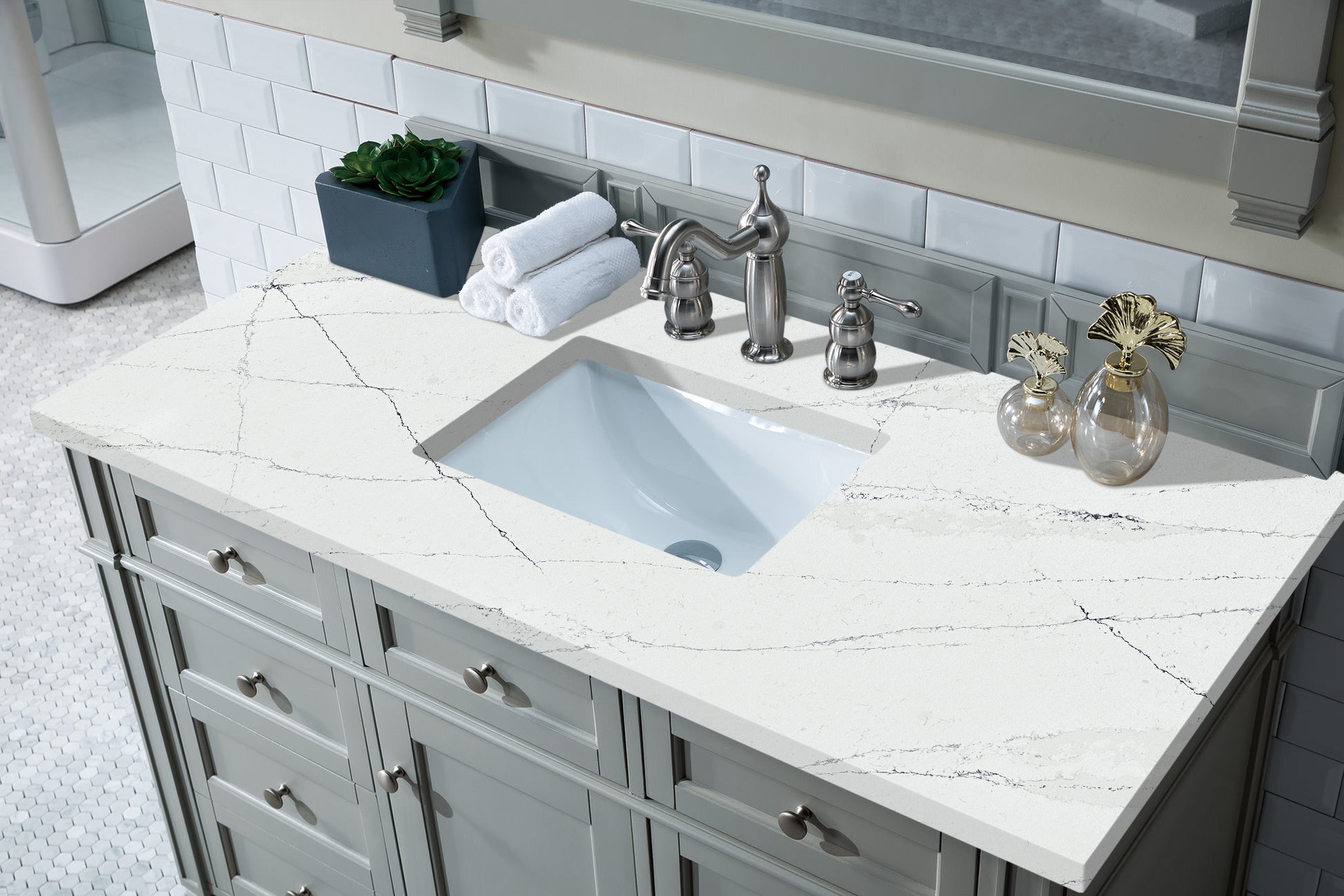 Renovate for Less Atlanta Brittany 48" Single Vanity, Urban Gray w/ 3 CM Ethereal Noctis Silestone Top w/FreePower Wireless Charger