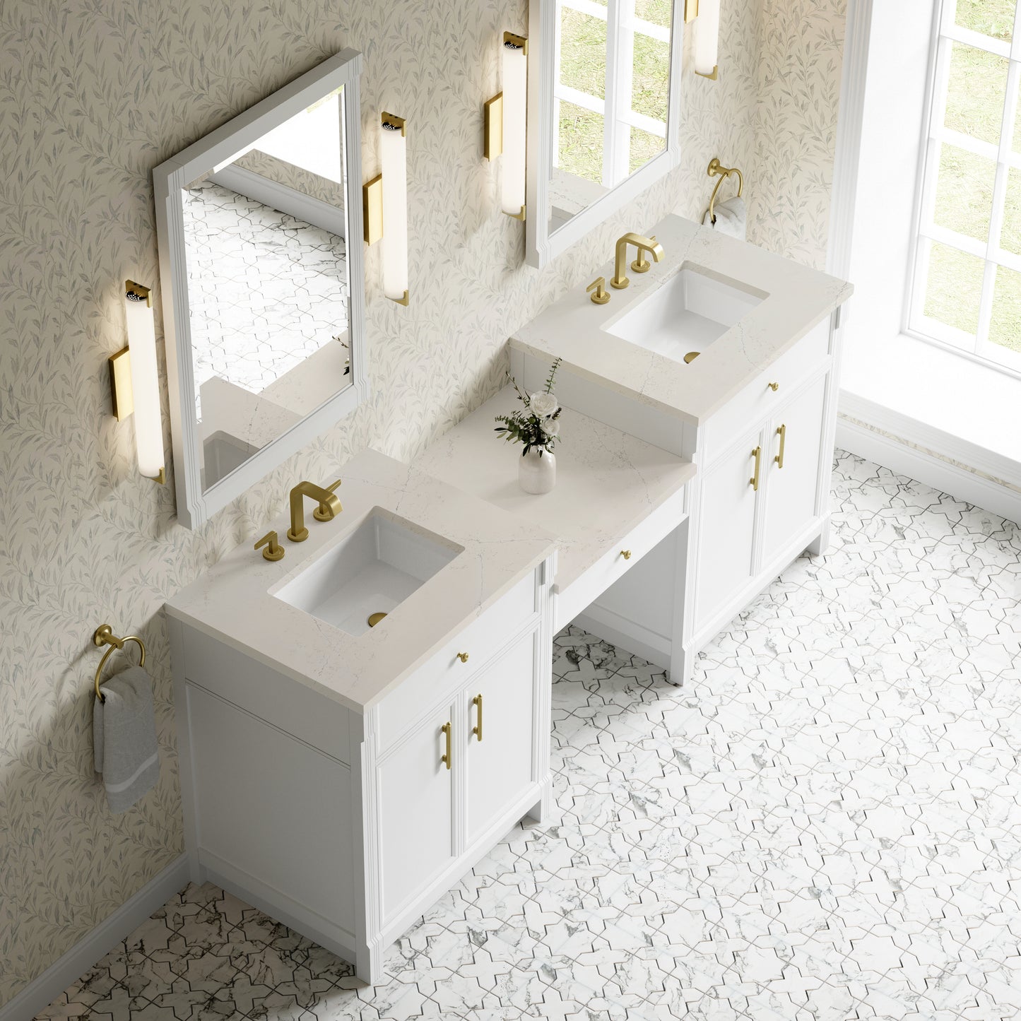 Renovate for Less Atlanta Bellshire 84" Dual Vanity Set with 24" Make-Up Counter, Bright White w/3 cm Siberian Silestone Top
