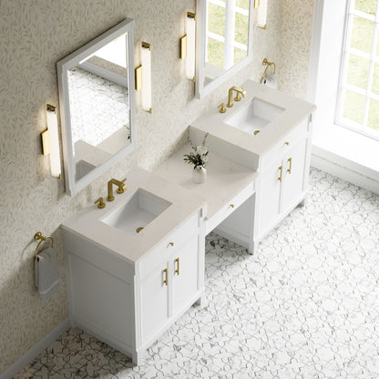 Renovate for Less Atlanta Bellshire 84" Dual Vanity Set with 24" Make-Up Counter, Bright White w/3 cm Siberian Silestone Top