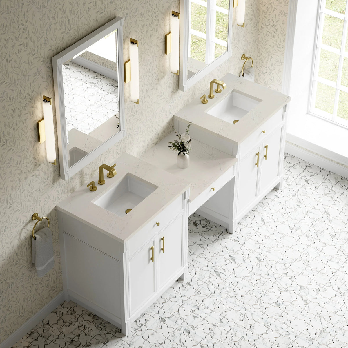 Bellshire 84" Dual Vanity Set with 24" Make-Up Counter, Bright White w/3 cm Siberian Silestone Top