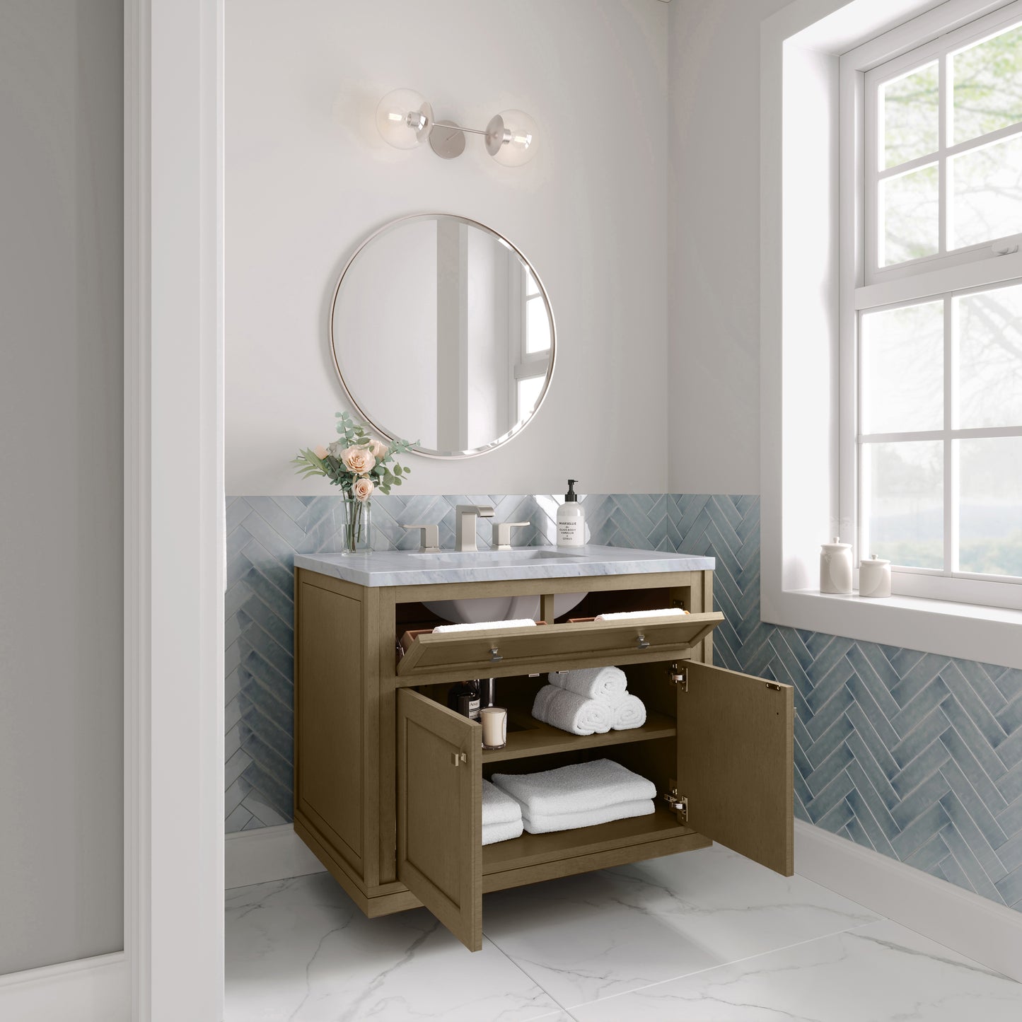 Renovate for Less Atlanta Chicago 36" Single Vanity, Walnut Whisper, w/ 3 CM Carrara Marble Top