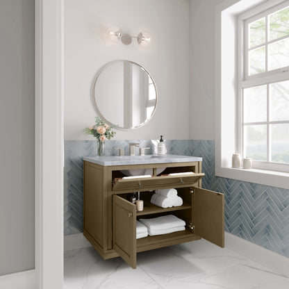 Renovate for Less Atlanta Chicago 36" Single Vanity, Walnut Whisper, w/ 3 CM Carrara Marble Top