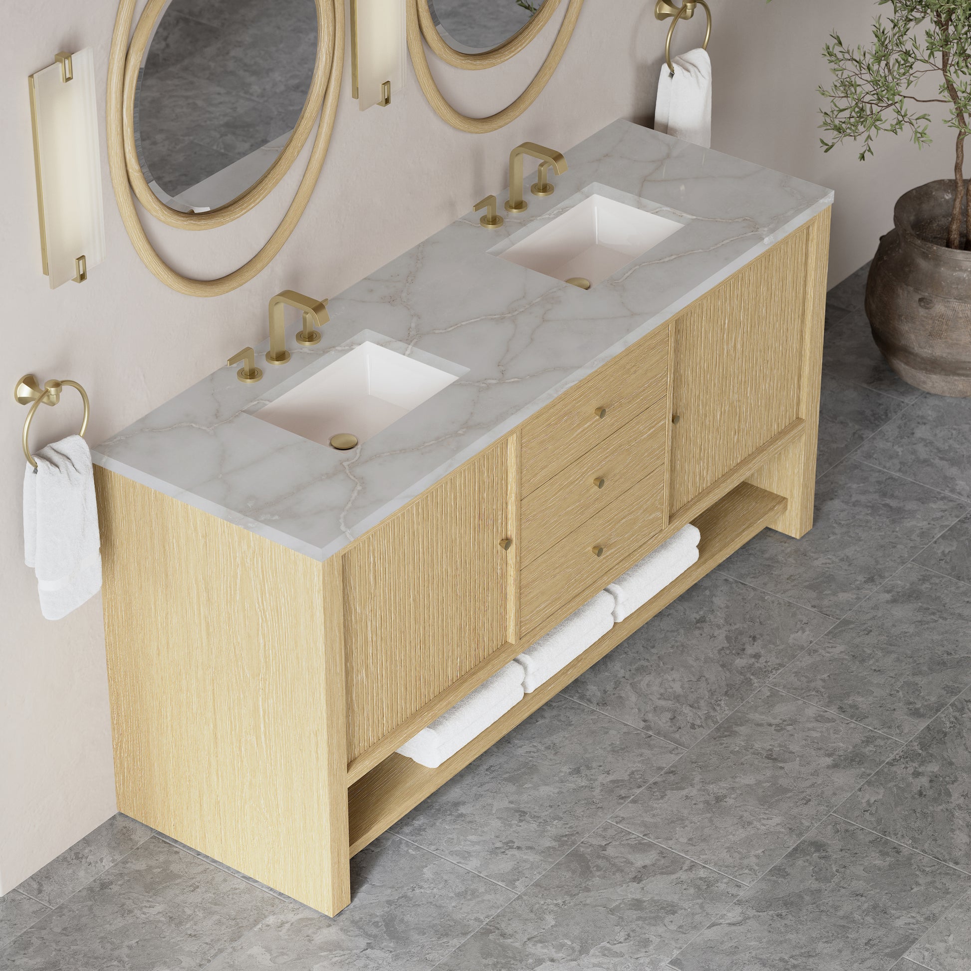 Renovate for Less Atlanta Marigot 72" Double Vanity, Sunwashed Oak w/ 3 CM Victorian Silver Silestone Top w/ FreePower Wireless Charger