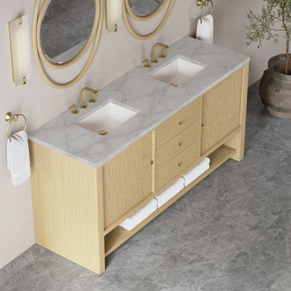 Renovate for Less Atlanta Marigot 72" Double Vanity, Sunwashed Oak w/ 3 CM Victorian Silver Silestone Top w/ FreePower Wireless Charger