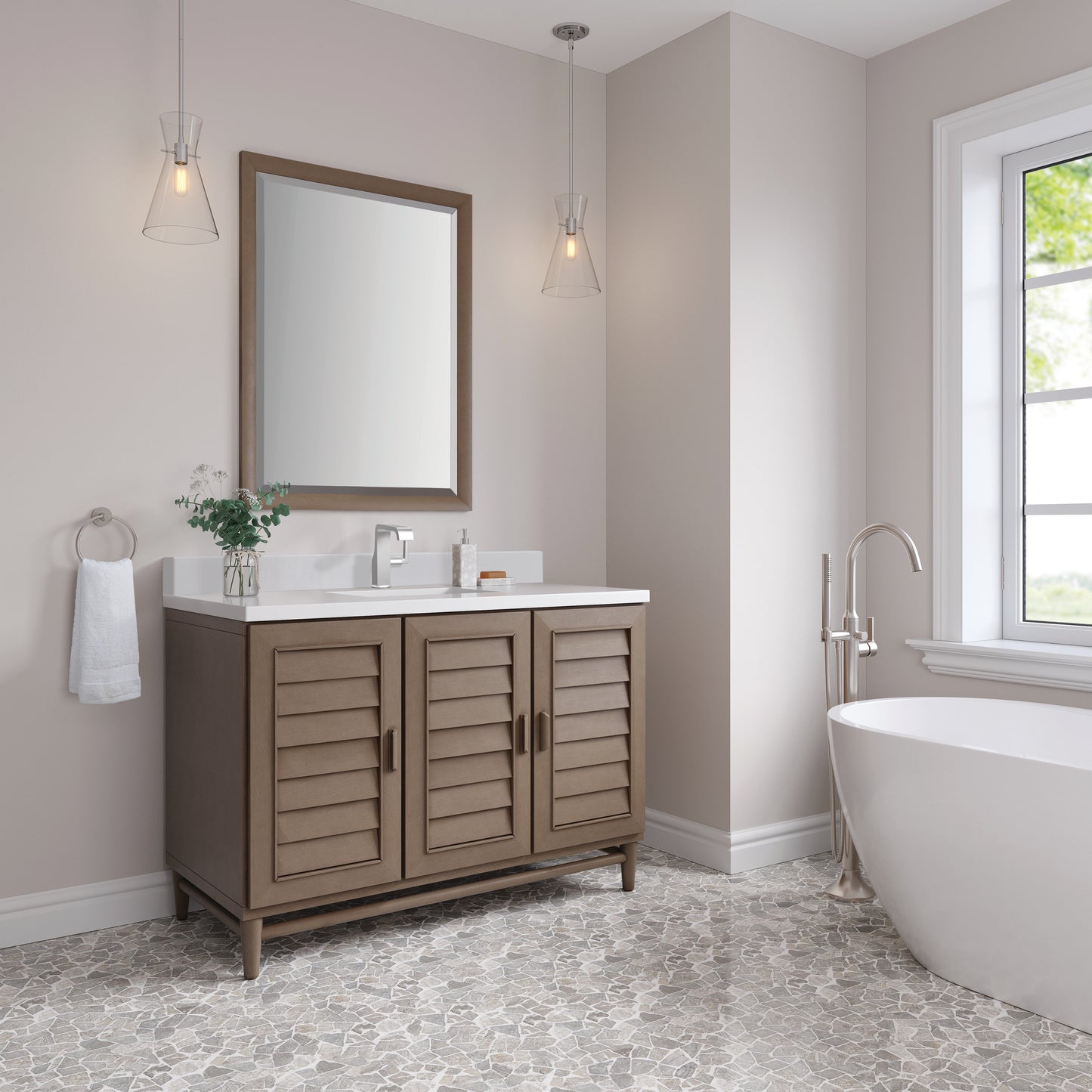 Renovate for Less Atlanta Portland 48" Single Vanity Whitewashed Walnut w/ Single Hole 3 CM White Zeus Silestone Top & Backsplash