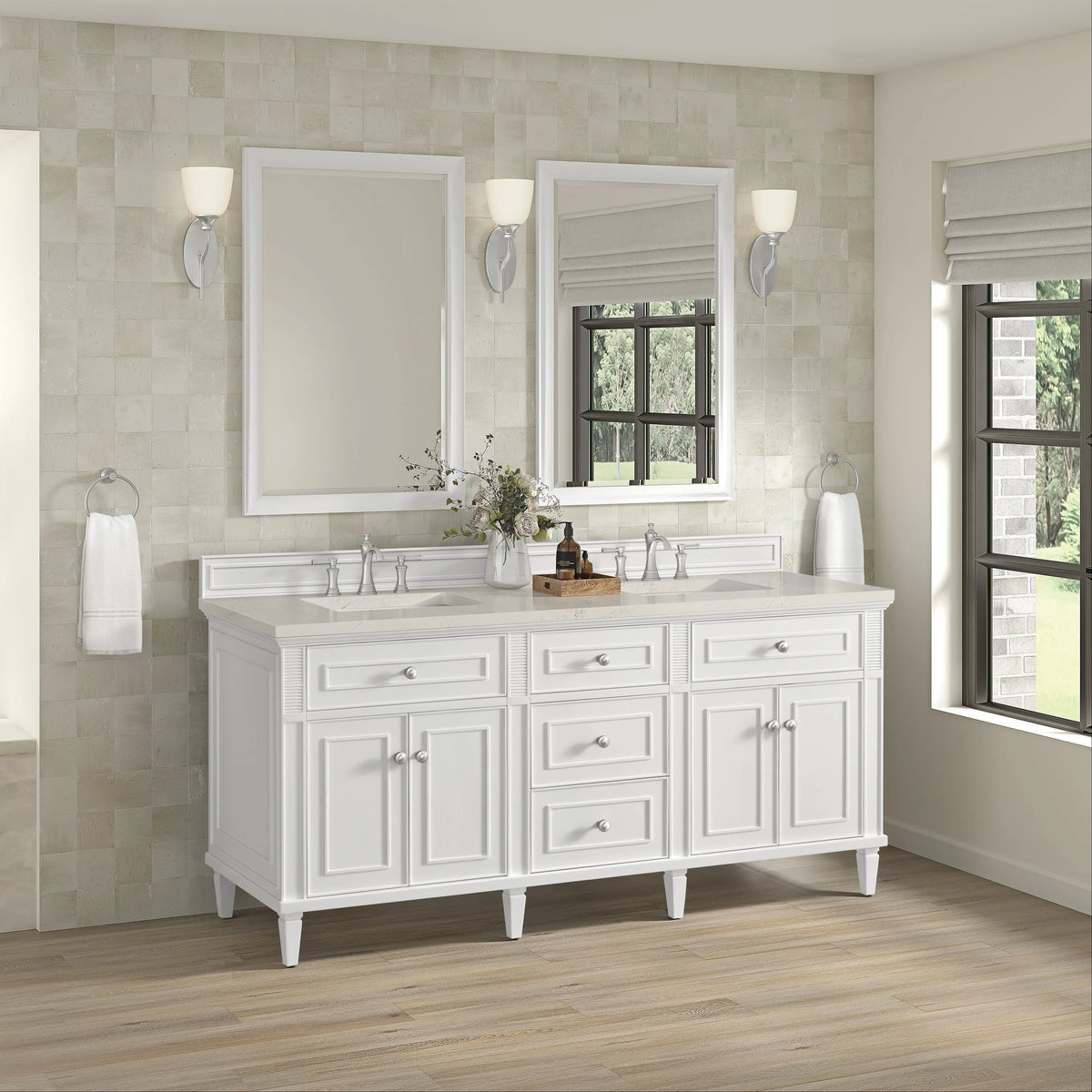 Lorelai 72" Double Vanity, Bright White, w/ 3 CM Siberian Silestone Top w/FreePower Wireless Charger