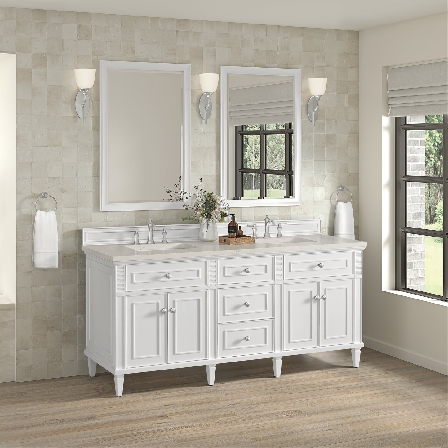 Renovate for Less Atlanta Lorelai 72" Double Vanity, Bright White, w/ 3 CM Siberian Silestone Top w/FreePower Wireless Charger