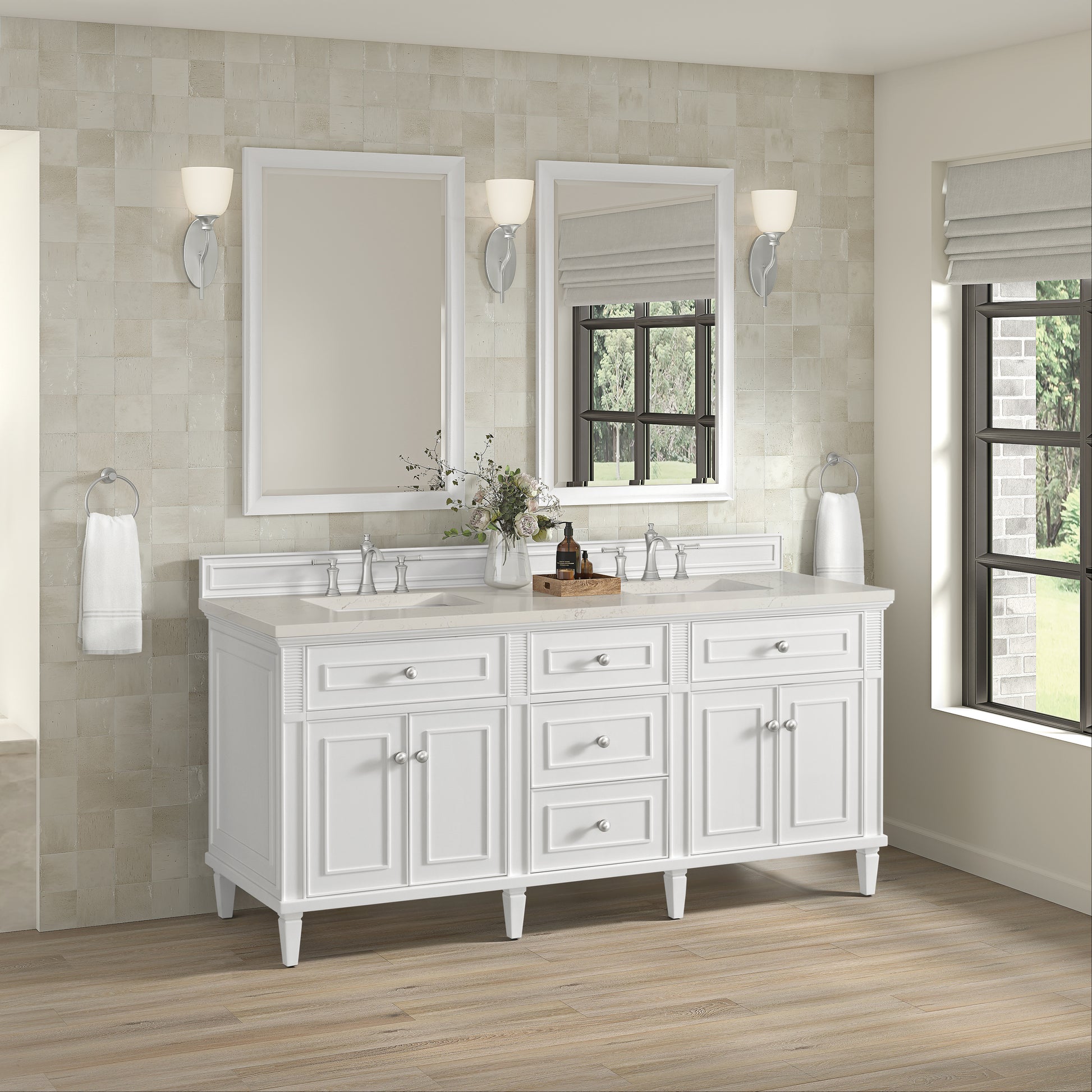 Renovate for Less Atlanta Lorelai 72" Double Vanity, Bright White, w/ 3 CM Siberian Silestone Top w/FreePower Wireless Charger